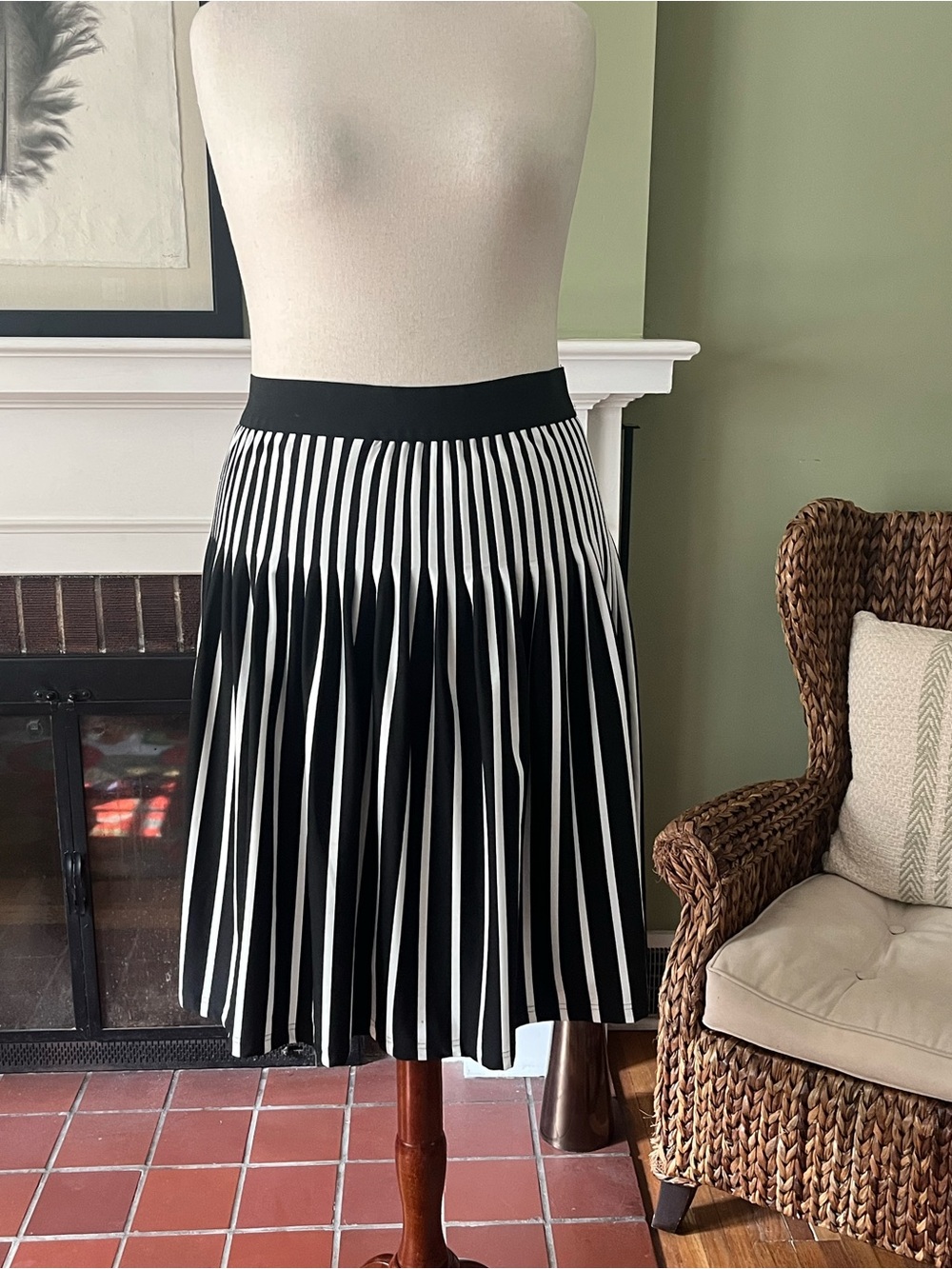 Ryu Black & White Pleated Stripe Midi Skirt | Aprox Size 2X
